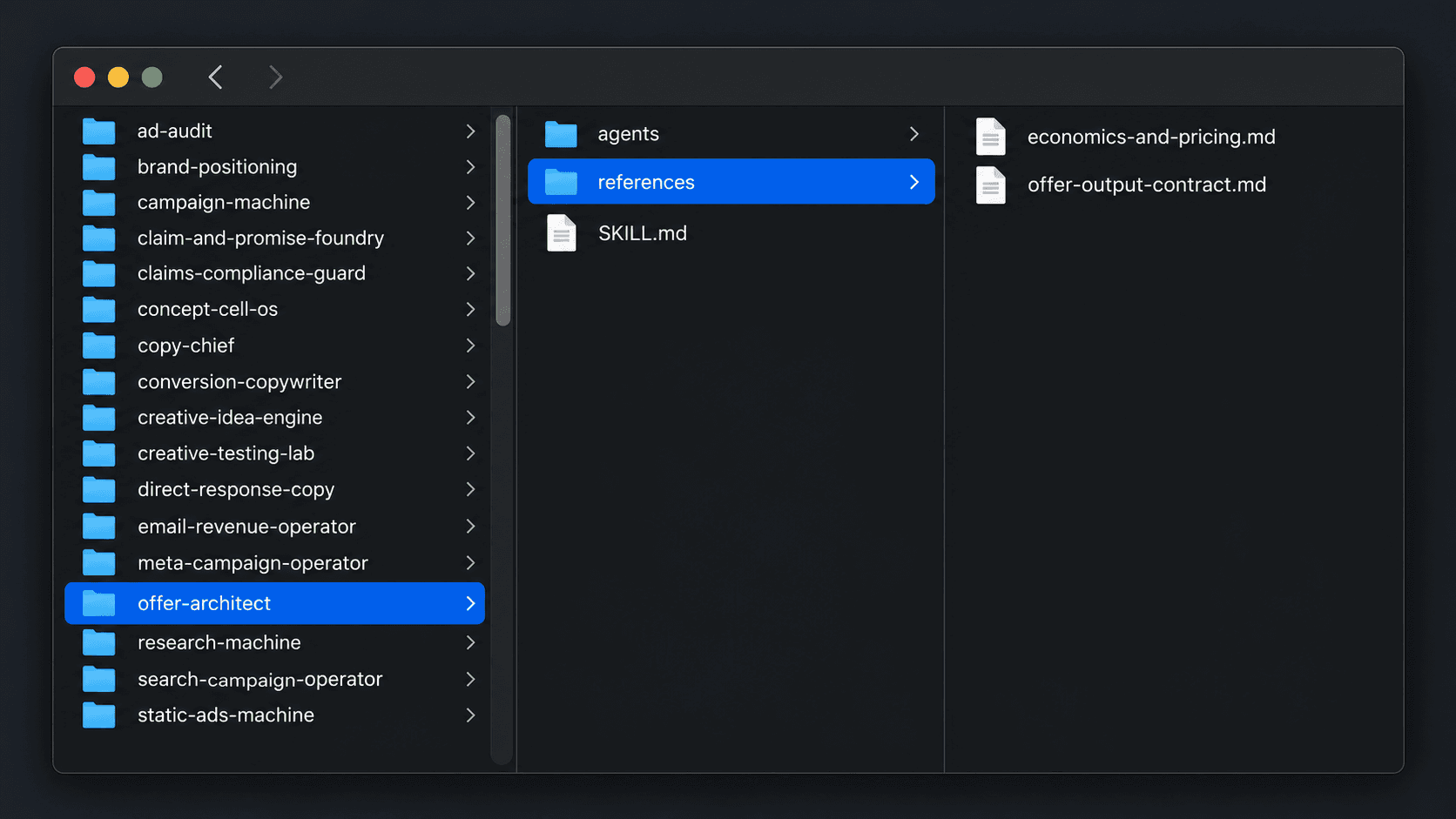 Offer architecture shown as a structured decision board with a selected direction.